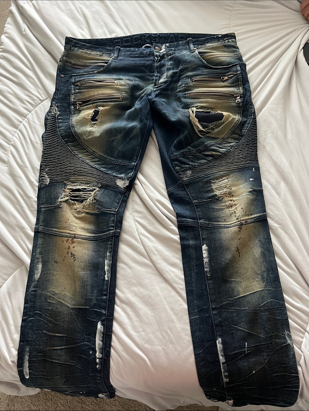 Men's Slim-Straight Distressed Dark Blue Jeans with Zip Accents